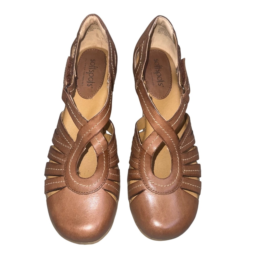 Softspots Tan Leather Pillowtop Block Heel Fisherman Cage Sandals Womens 7M